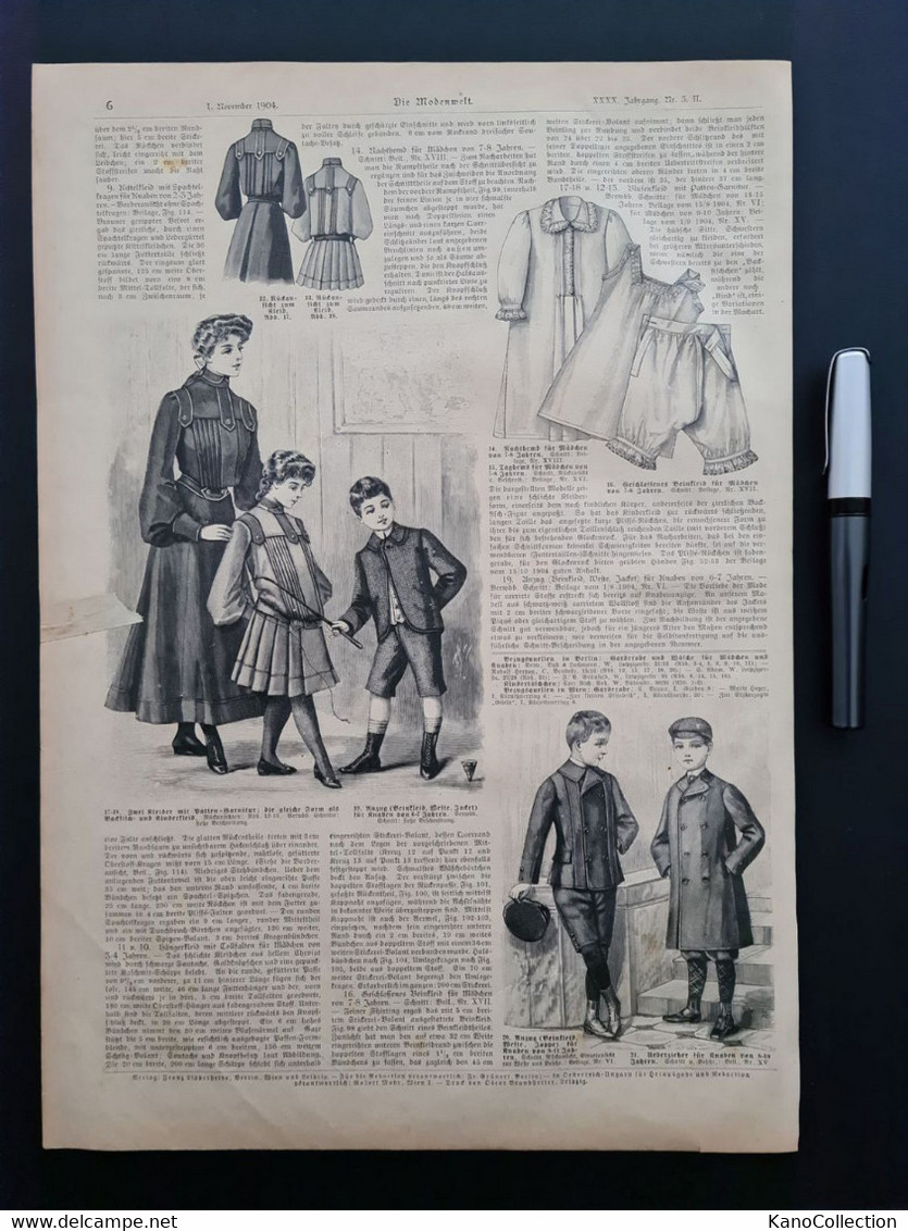 Die Modewelt, 2 Druckseiten:  „Kindermoden Und -wäsche“, 1. November 1904 - Libri