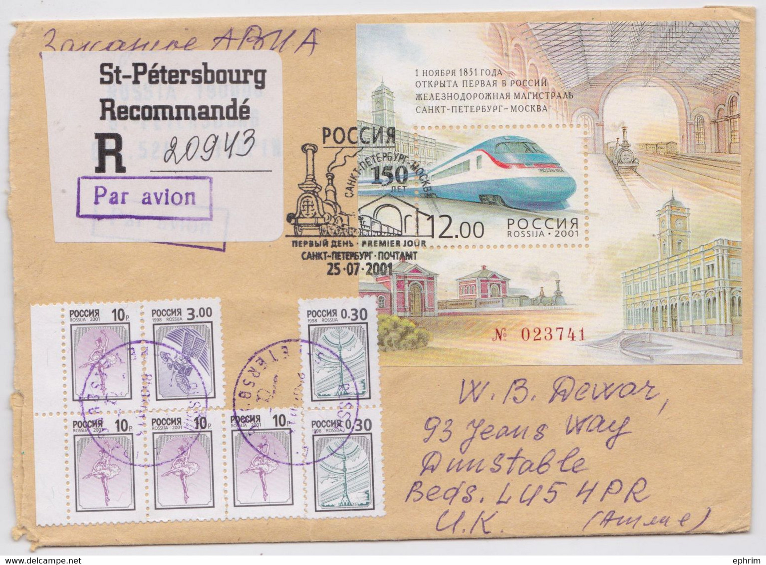 Lettre Recommandée Saint-Péterbourg Russie Bloc Numéroté Timbre Train Gare Railway FDC Russia Block Stamp 2001 Dunstable - Blocchi & Fogli