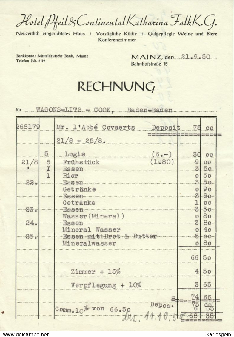 Mainz 1950 Rechnung " Hotel Pfeil & Continental Katharina Falk KG Bahnhofstr.15 " Facture - Sport & Turismo