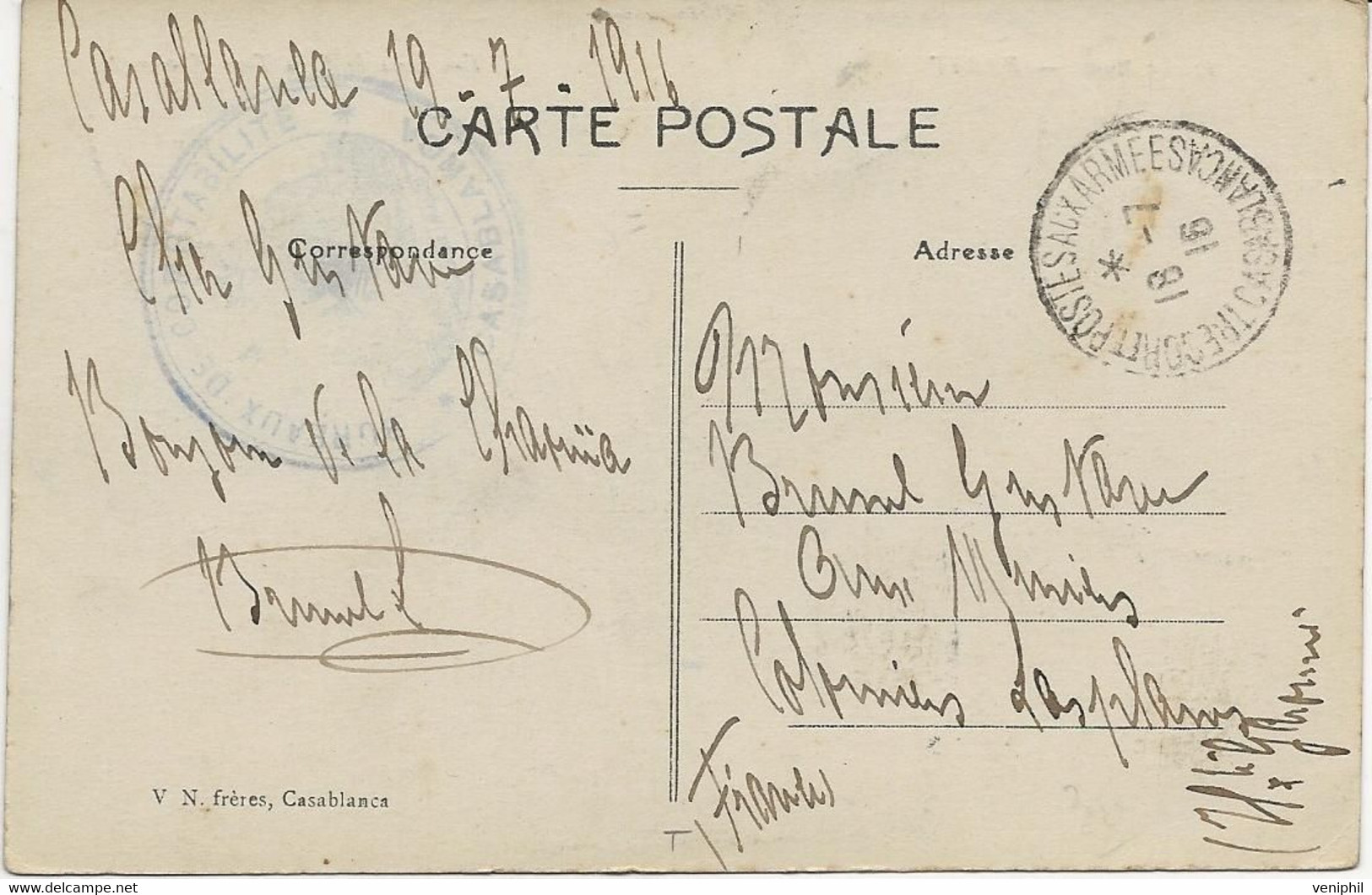 CARTE FRANCHISE MILITAIRE -CAD TRESOR ET POSTES AUX ARMEES- CASABLANCA -18-7 1916 - Storia Postale