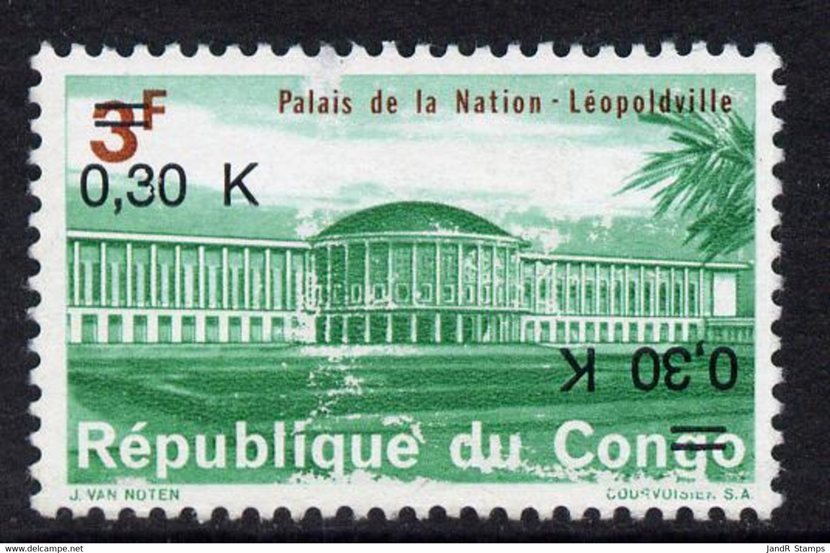 Congo - Kinshasa 1970 Surcharged 0.30K On 3f National Palace With Surcharge Doubled, One Inverted Unused - Andere & Zonder Classificatie