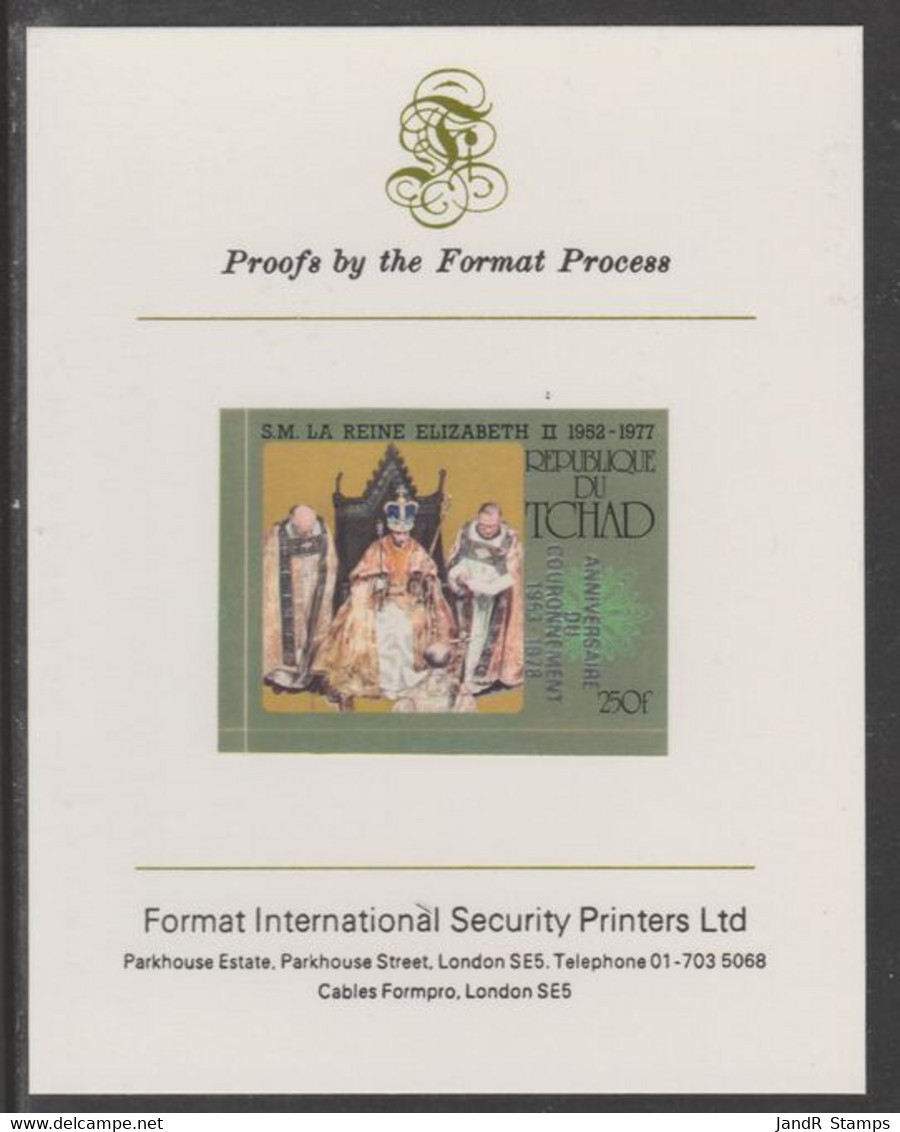 Chad 1978 25th Anniv Coronation Opt'd In Silver On Silver Jubilee 250f Imperf Proof Format International Proof Card - Chad (1960-...)