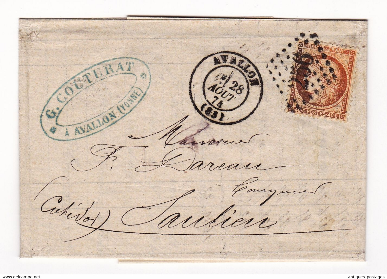 Lettre 1874 Avallon Yonne Couturat Royer Banque Banquier Timbre Cérès 40 Centimes Bank - 1870 Siege Of Paris