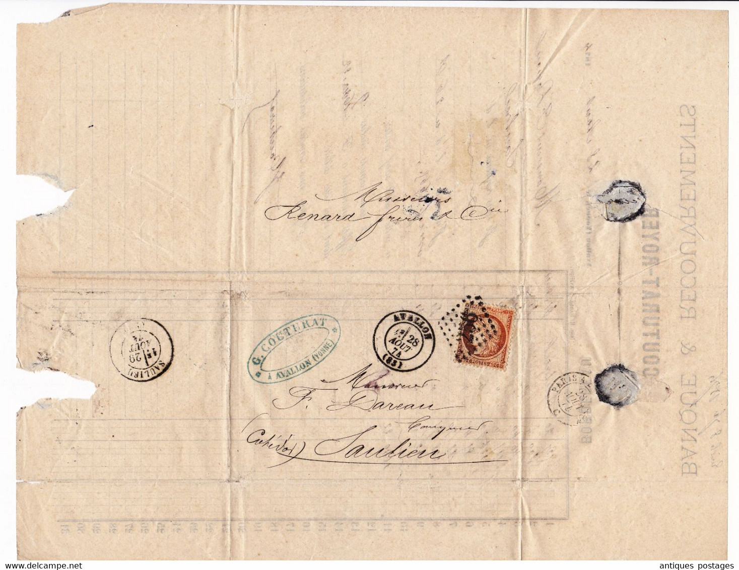 Lettre 1874 Avallon Yonne Couturat Royer Banque Banquier Timbre Cérès 40 Centimes Bank