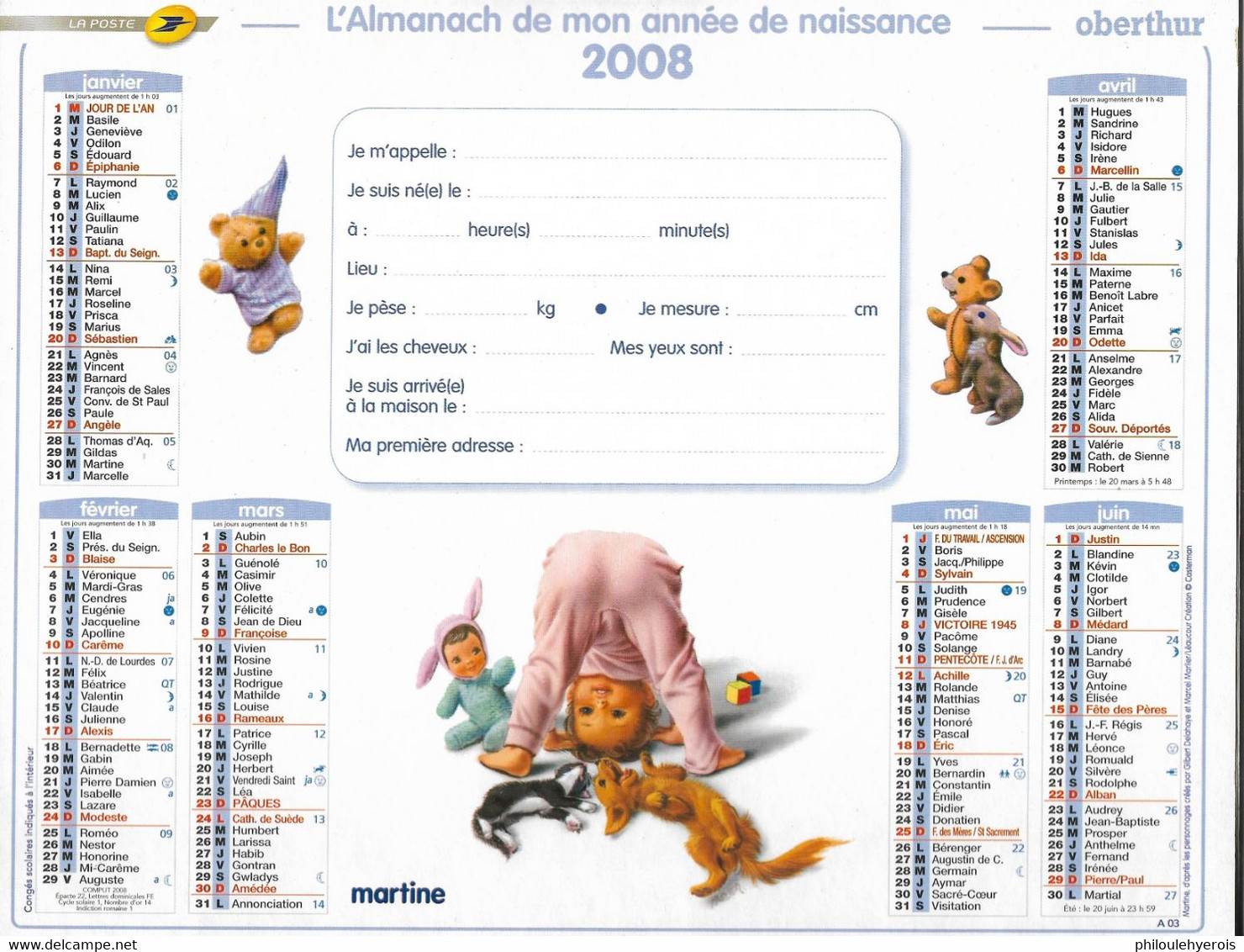 CALENDRIER 2008 ANNEE DE NAISSANCE  Martine - Formato Grande : 2001-...