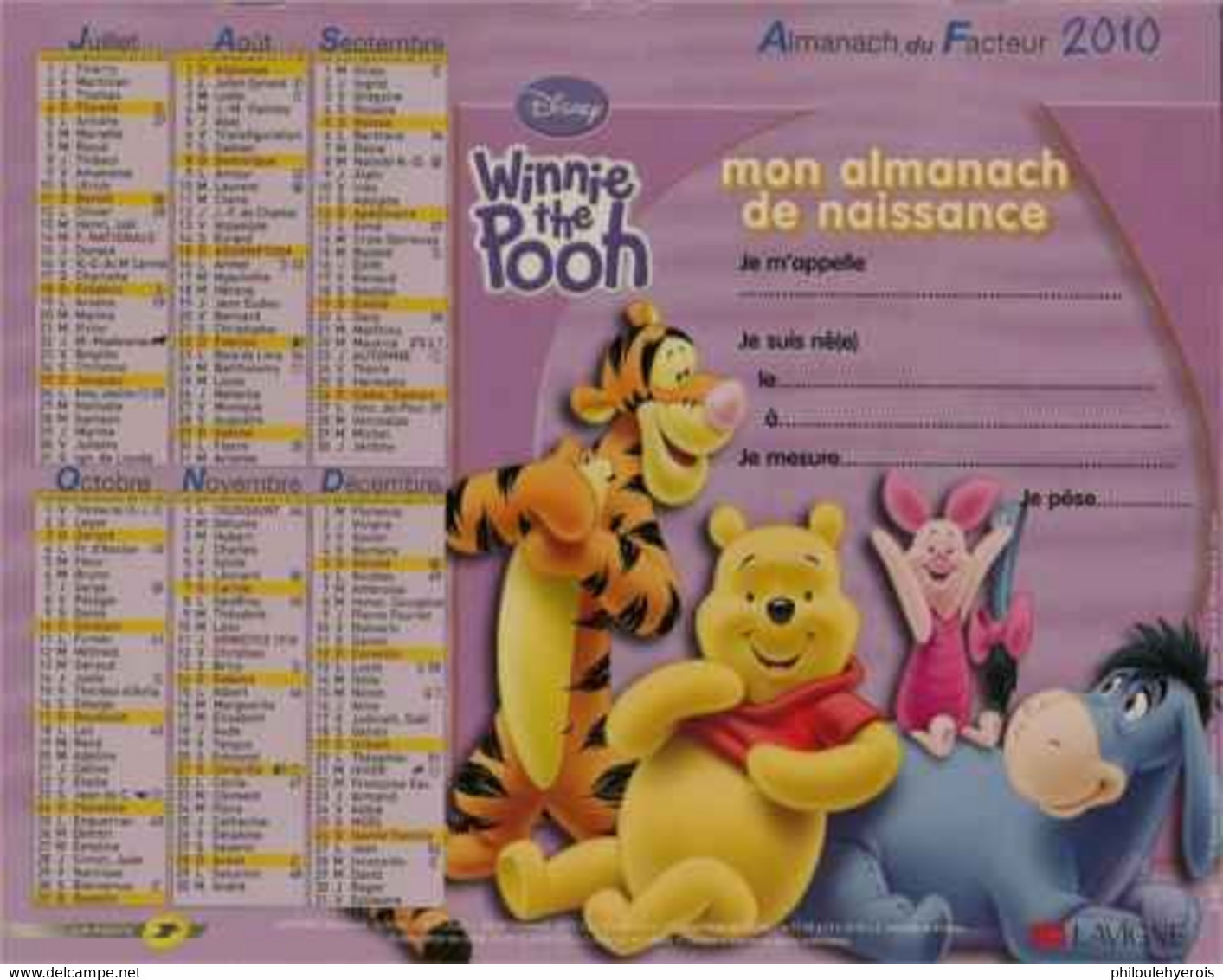 CALENDRIER 2010 ANNEE DE NAISSANCE  Winnie Disney - Tamaño Grande : 2001-...