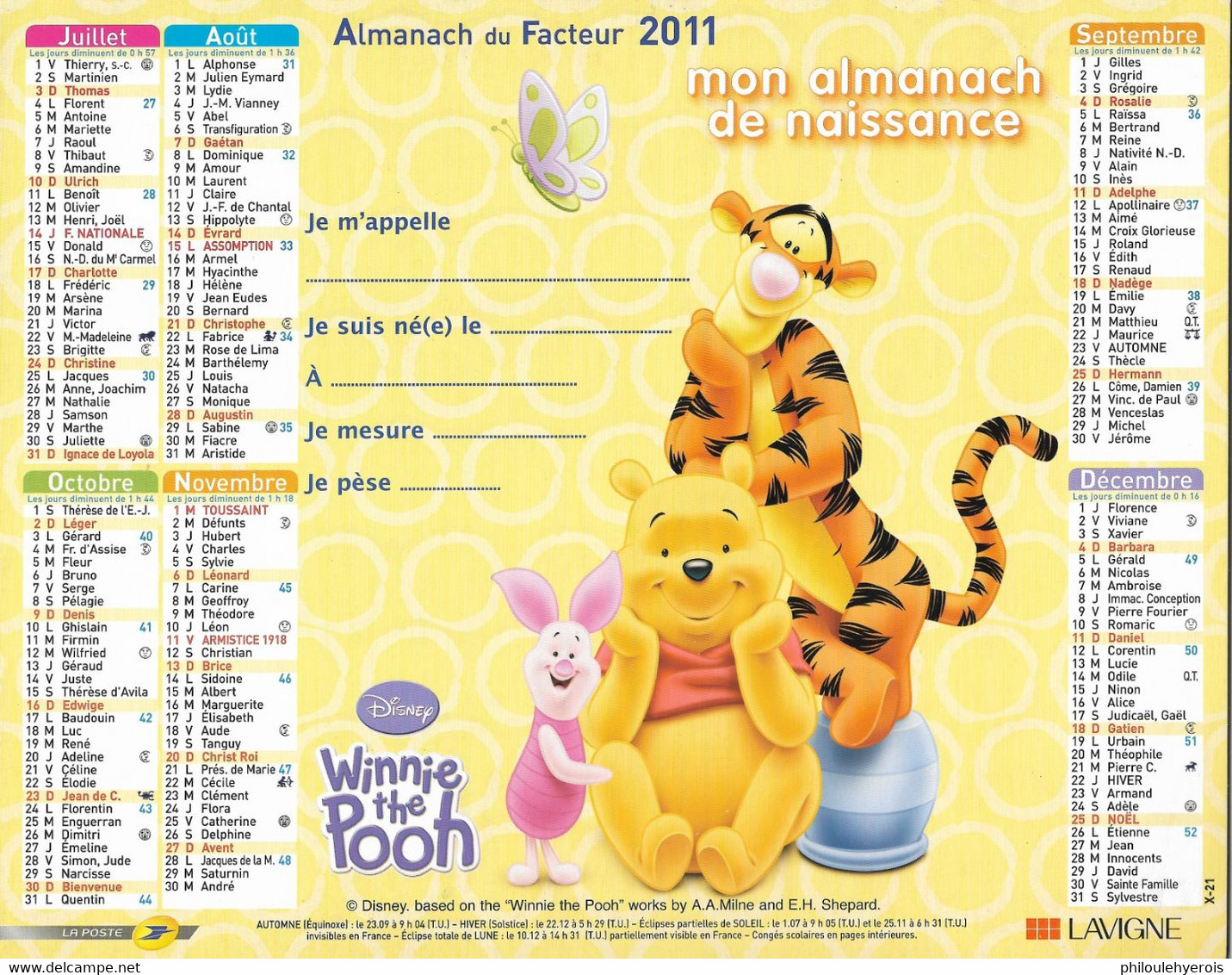 CALENDRIER 2011 ANNEE DE NAISSANCE  Winnie Disney - Tamaño Grande : 2001-...