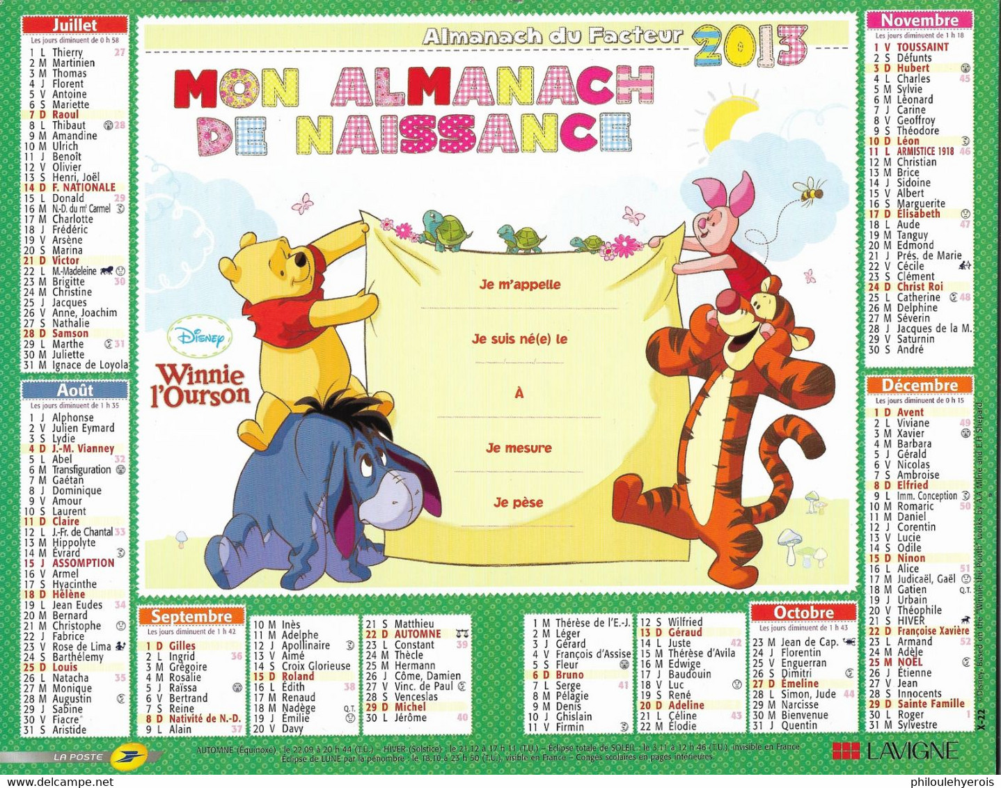 CALENDRIER 2013 ANNEE DE NAISSANCE  Winnie Disney - Big : 2001-...