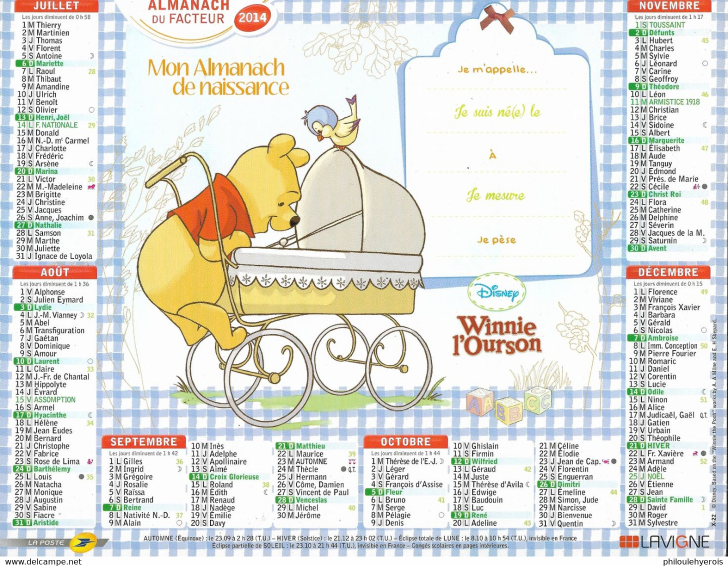 CALENDRIER 2014 ANNEE DE NAISSANCE  Winnie Disney - Big : 2001-...