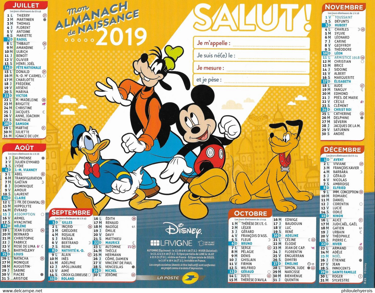 CALENDRIER 2019 ANNEE DE NAISSANCE   Disney - Tamaño Grande : 2001-...