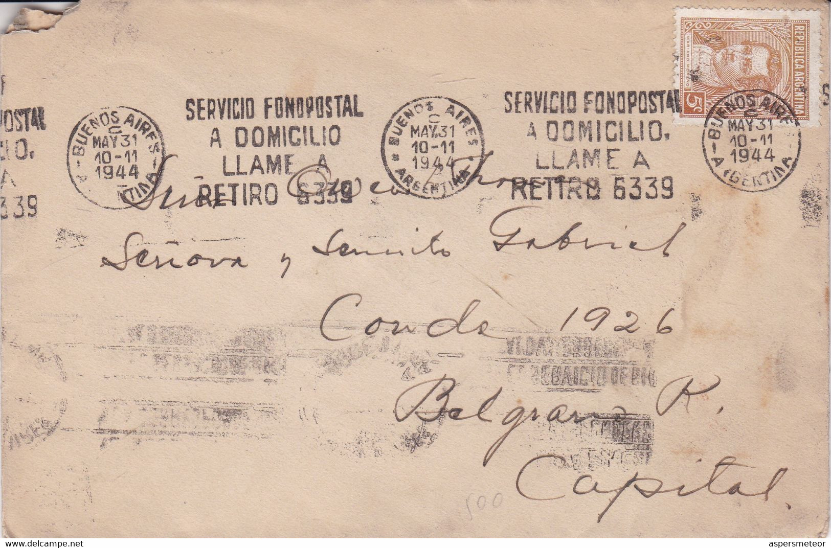 ARGENTINE. "SERVICIO FONOPOSTAL A DOMICILIO". ENVELOPPE. CIRCULEE BUENOS AIRES, ANNEE 1944. BANDELETA PARLANTE.- LILHU - Covers & Documents