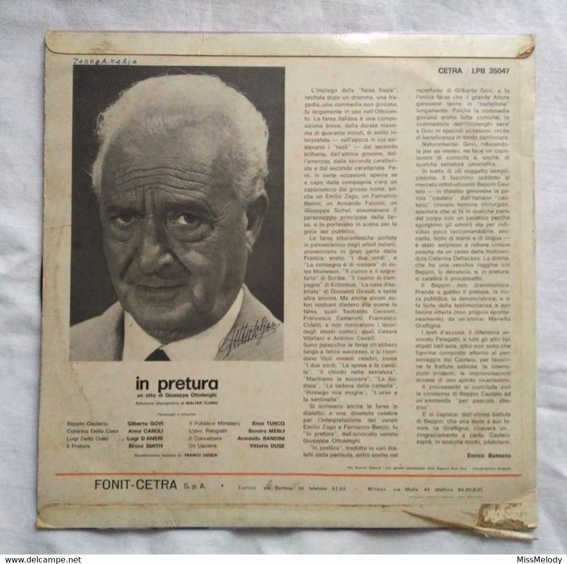 LP VINILE 33" GILBERTO GOVI "In Pretura" CETRA Commedia Teatro Italiano Dialetto Genovese Vintage LPB35047 - Cómica