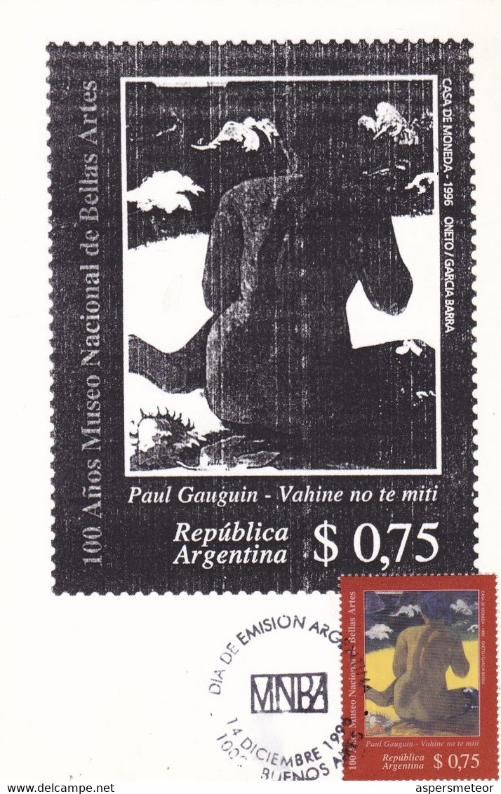 ARGENTINA. PAUL GAUGUIN, VAHINE NO TE MITI. 100 AÑOS MUSEO NACIONAL DE BELLAS ARTES. 1996, CARTE MAXIMUM FDC. - LILHU - Other & Unclassified