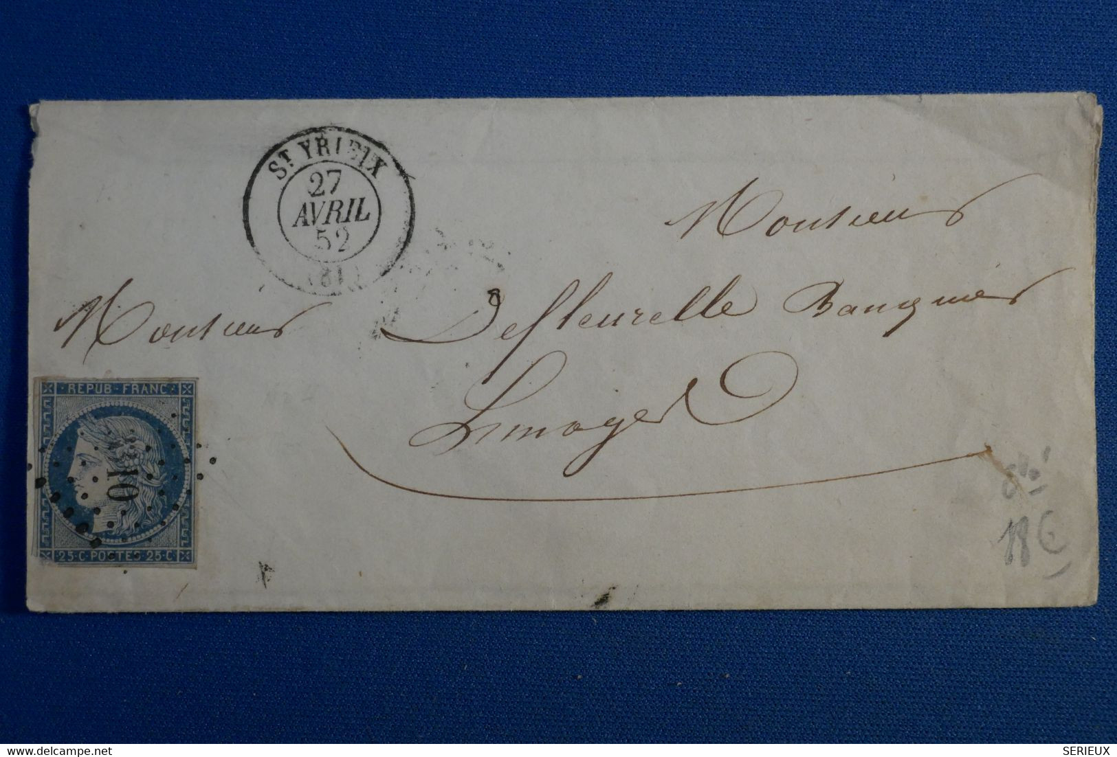 S10 FRANCE BELLE LETTRE 1852 ST IRIEUX  POUR LIMOGES + N 4 + AFFRACH. INTERESSANT - 1849-1850 Cérès