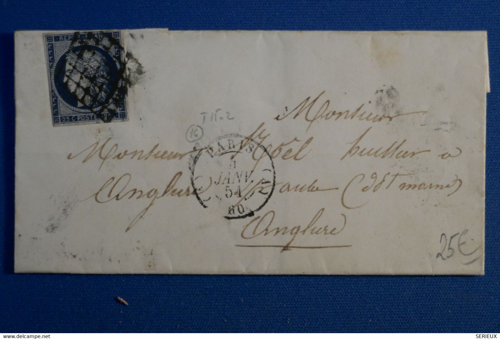 S10 FRANCE BELLE LETTRE 1854 PARIS  POUR ANGLURE+ N 4 BLEU FONCE  + AFFRANCHISSEMENT INTERESSANT - 1849-1850 Cérès