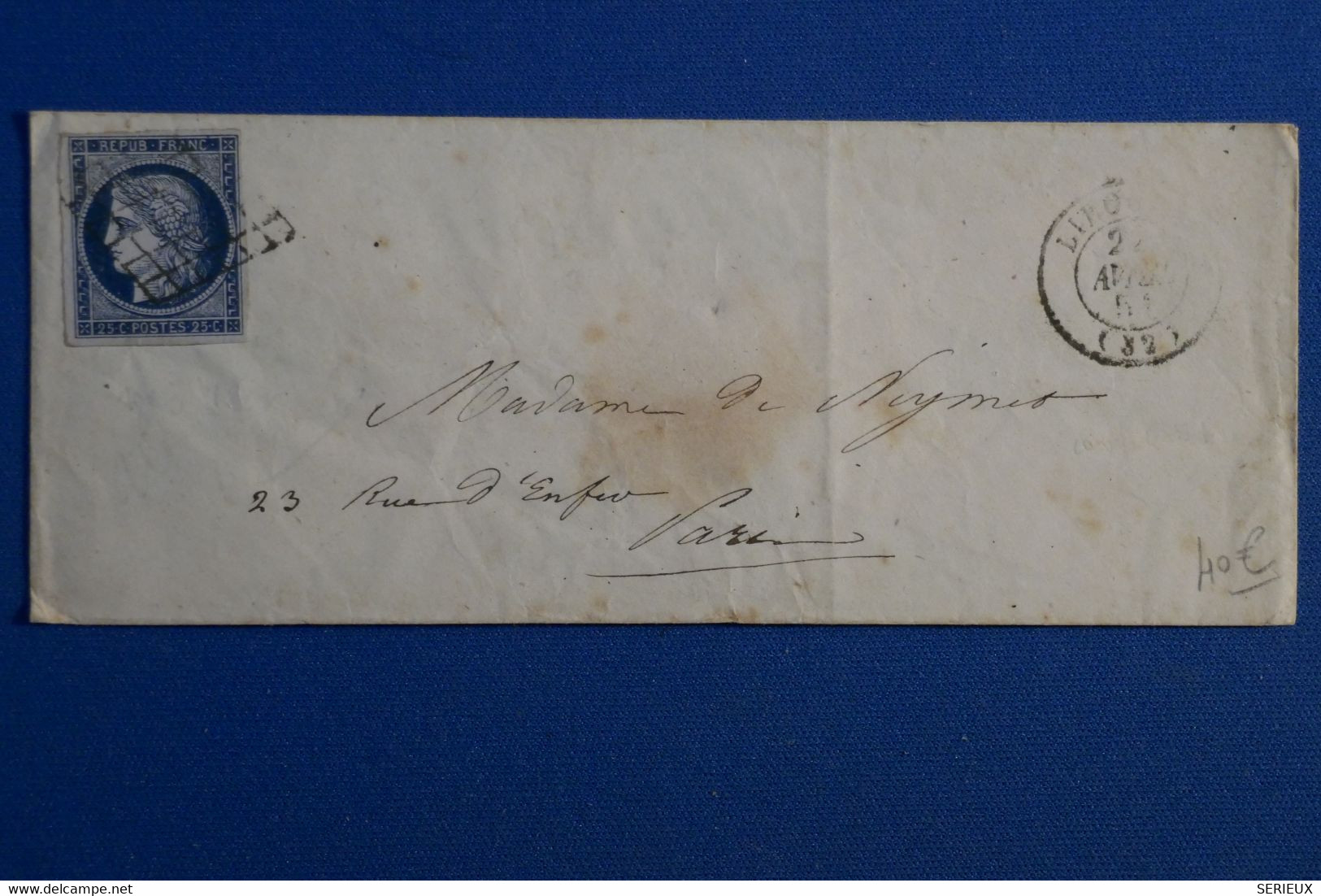 S10 FRANCE BELLE LETTRE 1851 POUR PARIS + N 4 + AFFRANCHISSEMENT INTERESSANT - 1849-1850 Cérès