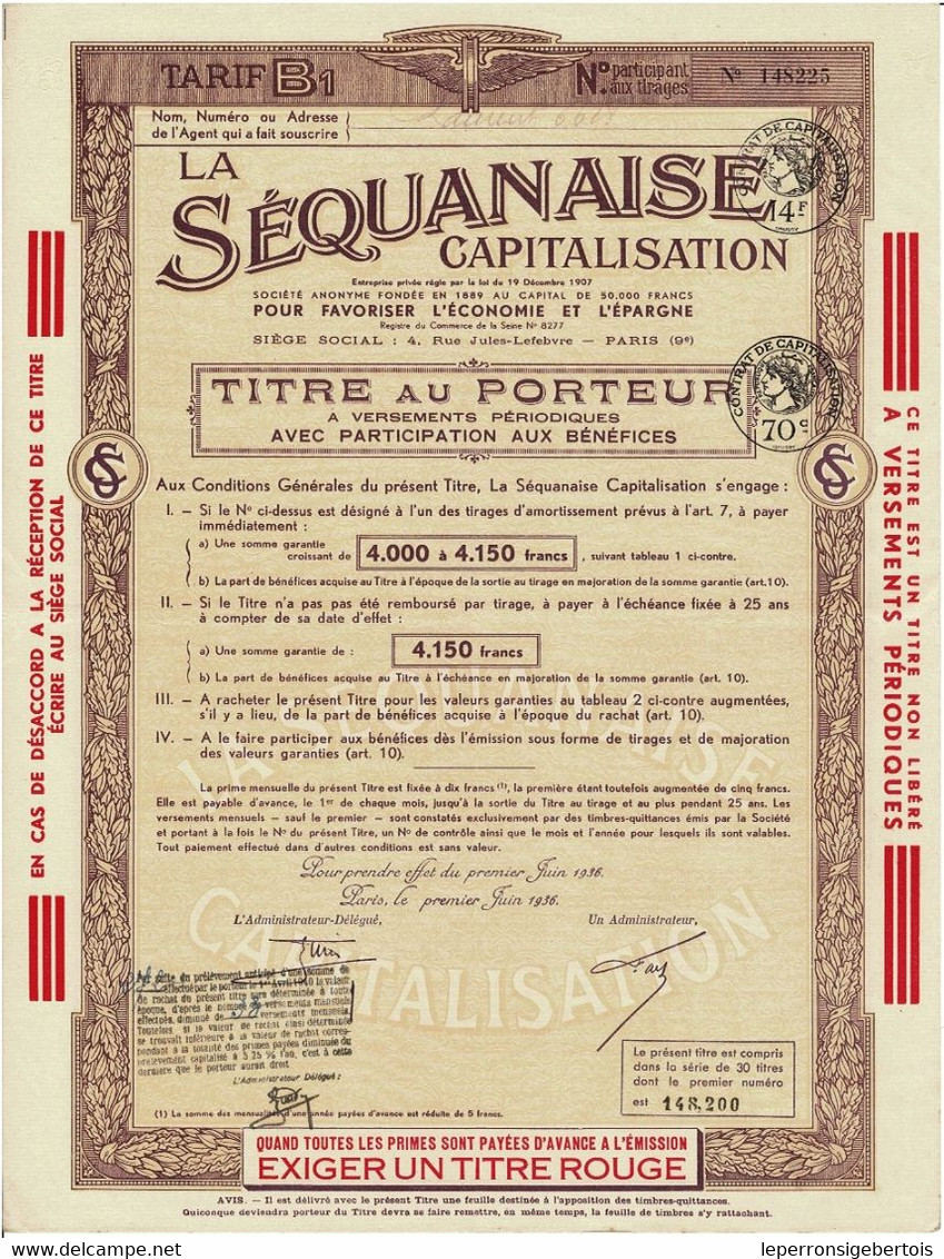 Titre Ancien - La Séquanaise - Société Anonyme Pour Favoriser L'Economie Et L'Epargne - Titre De 1936 - - Banque & Assurance