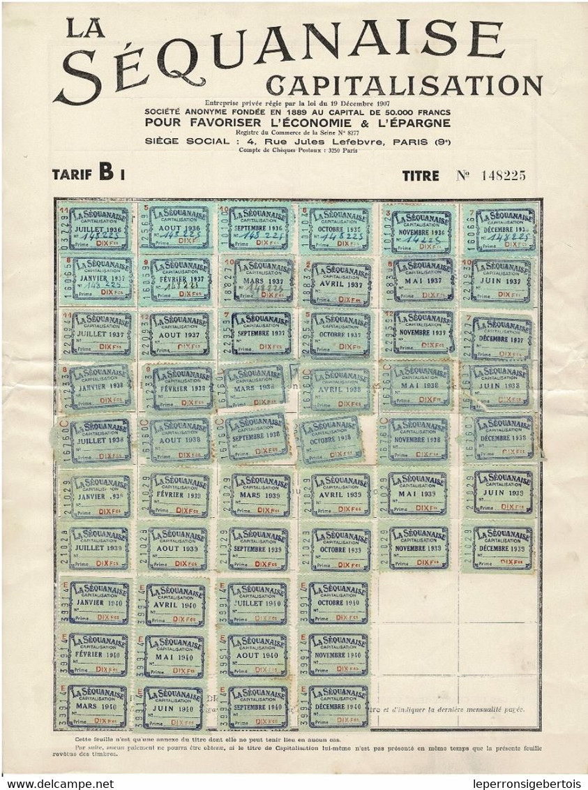 Titre Ancien - La Séquanaise - Société Anonyme Pour Favoriser L'Economie Et L'Epargne - Titre De 1936 - - Banque & Assurance