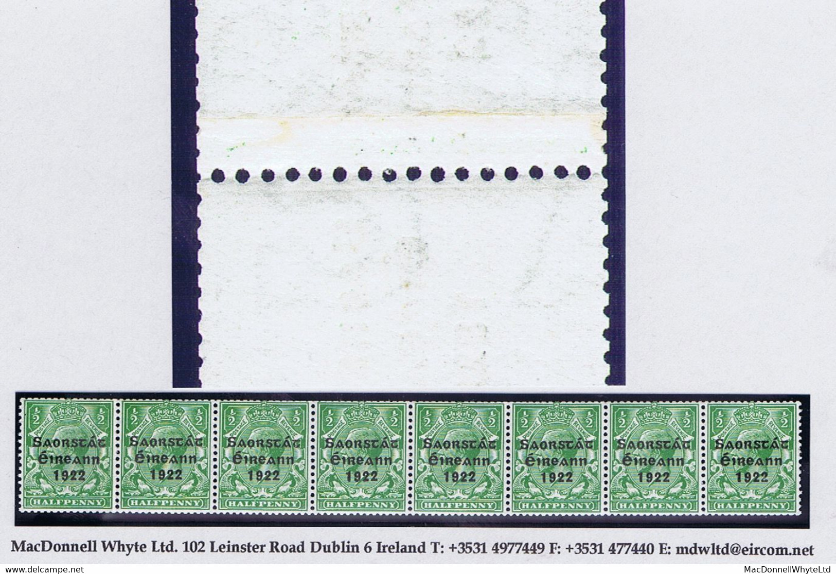 Ireland 1923 Harrison Saorstat Coils ½d Strip Of 8 With Coil Join, 7th Stamp Shows Part Marginal Watermark GE Of POSTAGE - Ungebraucht