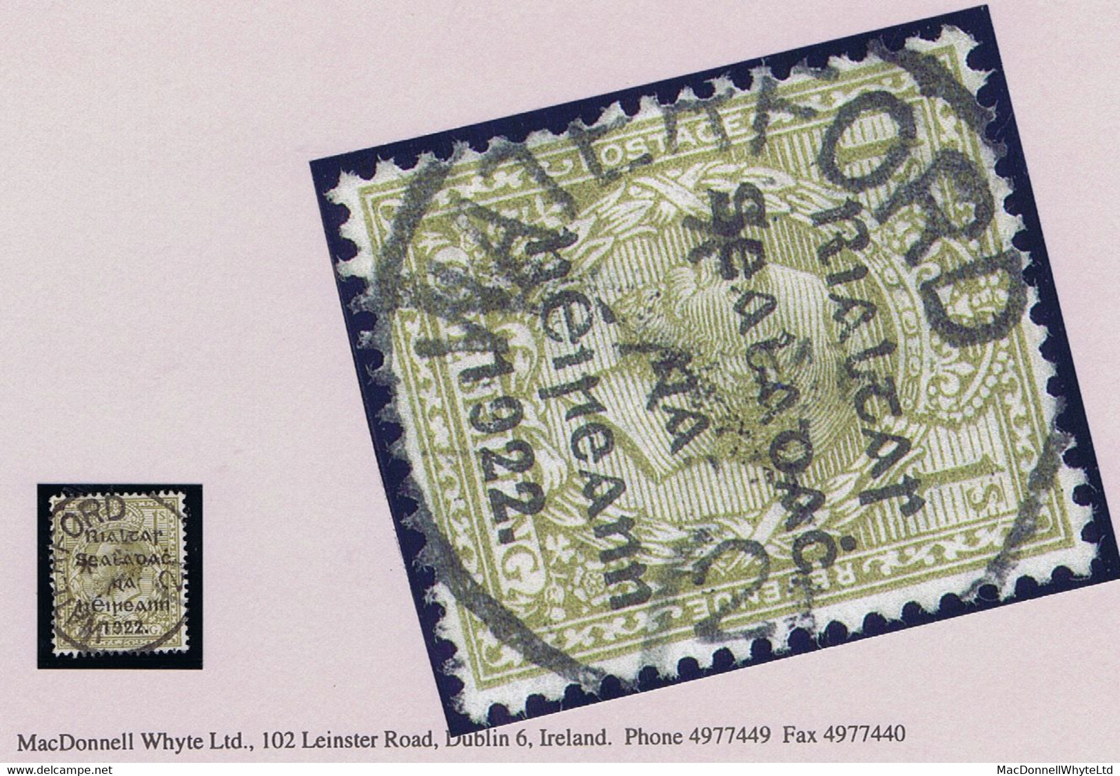 Ireland 1922 Thom Rialtas Black Ovpt On 1s Bistre-brown Used With Central WATERFORD Cds, Appears Dated 7 MR 21 - Oblitérés