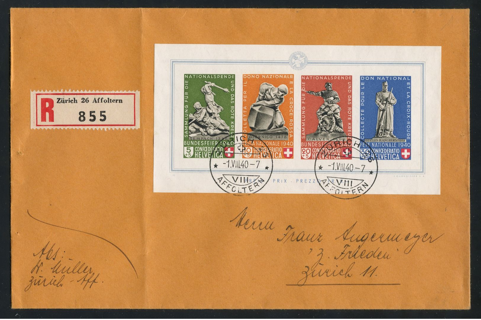 Switzerland 1940 Pro Patria Souvenir Sheet Used On Registered Cover Sent Within Zürich, SBK B12, Cat. CHF 750, Scarce - Storia Postale