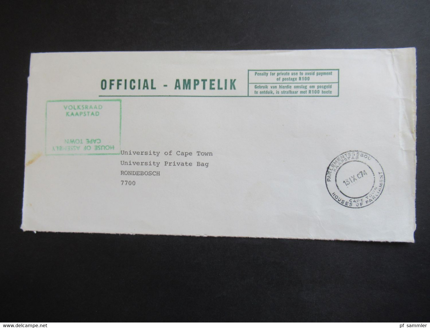 RSA / Süd - Afrika 1974 Official - Amptelik Penalty For Private Use! Grüner Stempel Volksraad Kaapstad House Of Assembly - Storia Postale