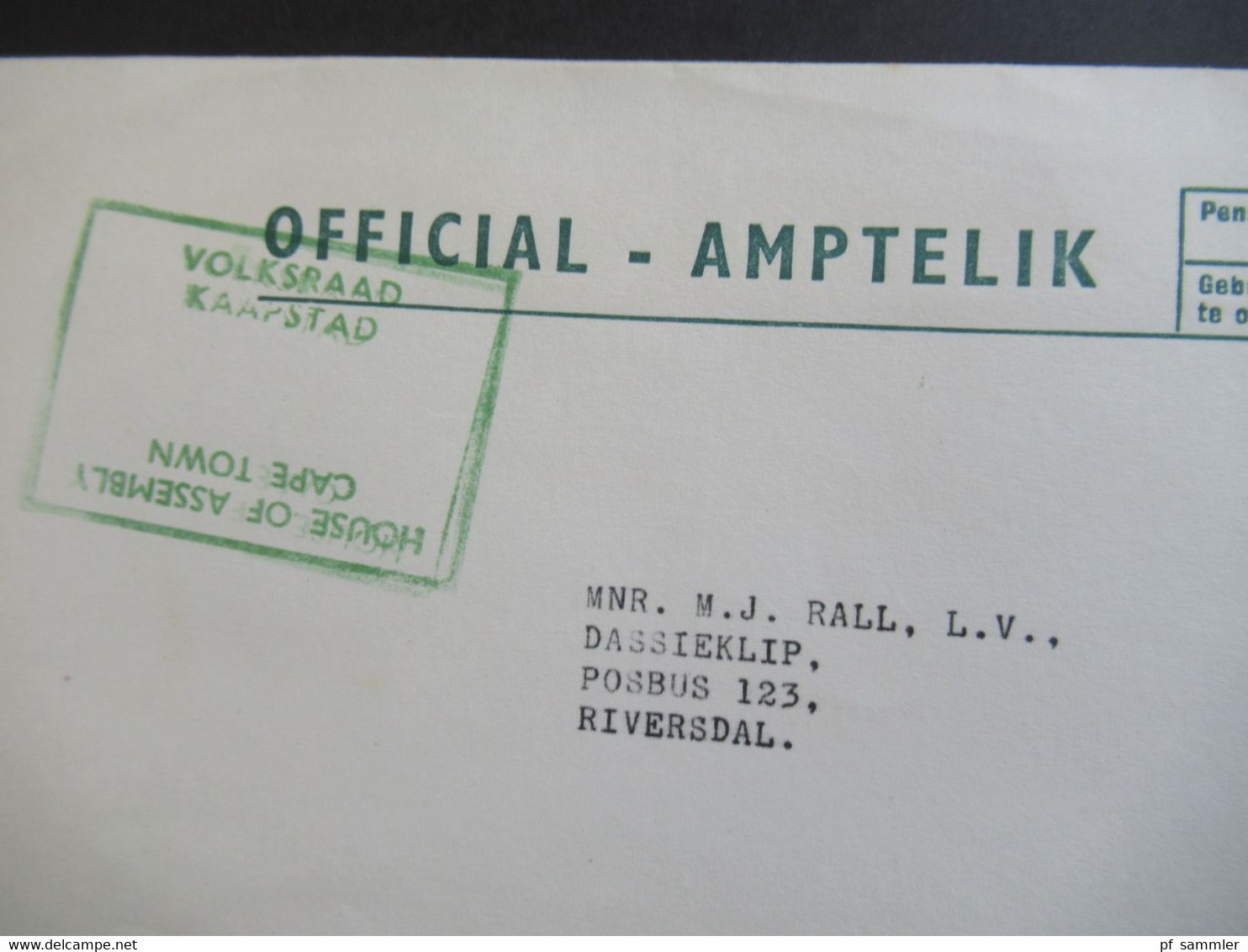 RSA / Süd - Afrika Official - Amptelik Penalty For Private Use! Grüner Stempel Volksraad Kaapstad House Of Assembly - Briefe U. Dokumente