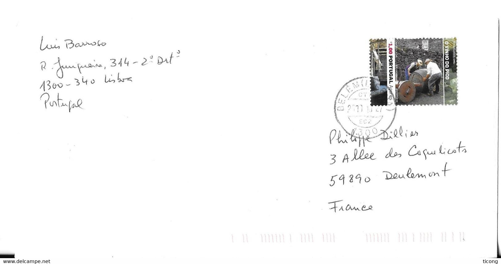 BELEM PORTUGAL - LETTRE POUR LA FRANCE TIMBRE SEUL SUR LETTRE PORTUGAL ACORES THEME VIN DE PICO, TONNEAUX 2006, A VOIR - Covers & Documents