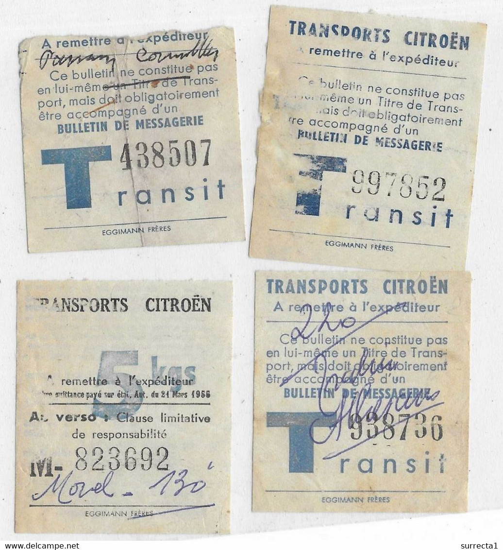 1) Lot De 4 Tickets Colis Postaux / Transport Par Car Citroën / 1 Transport 5 Kg + 3 Tickets De Transit - Autres & Non Classés