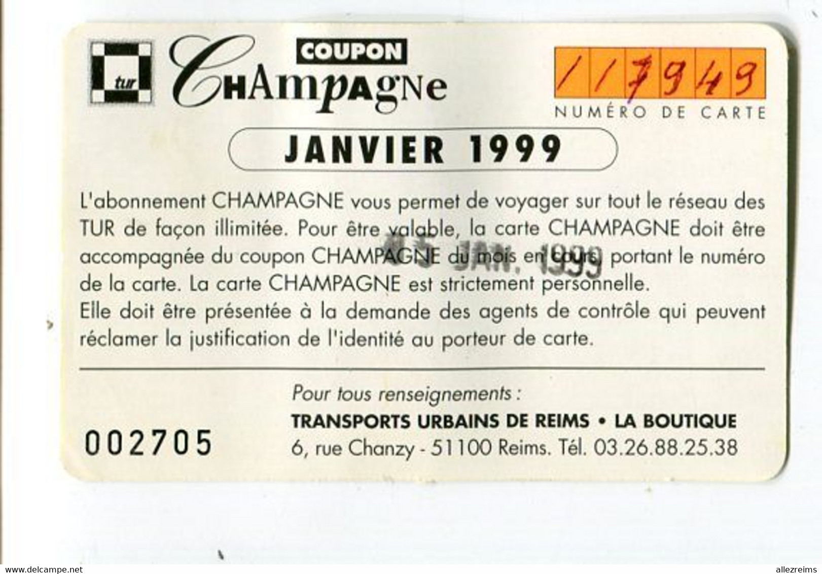 Ticket TUR Thème Champagne  BINET   à Reims  1998 - Europe