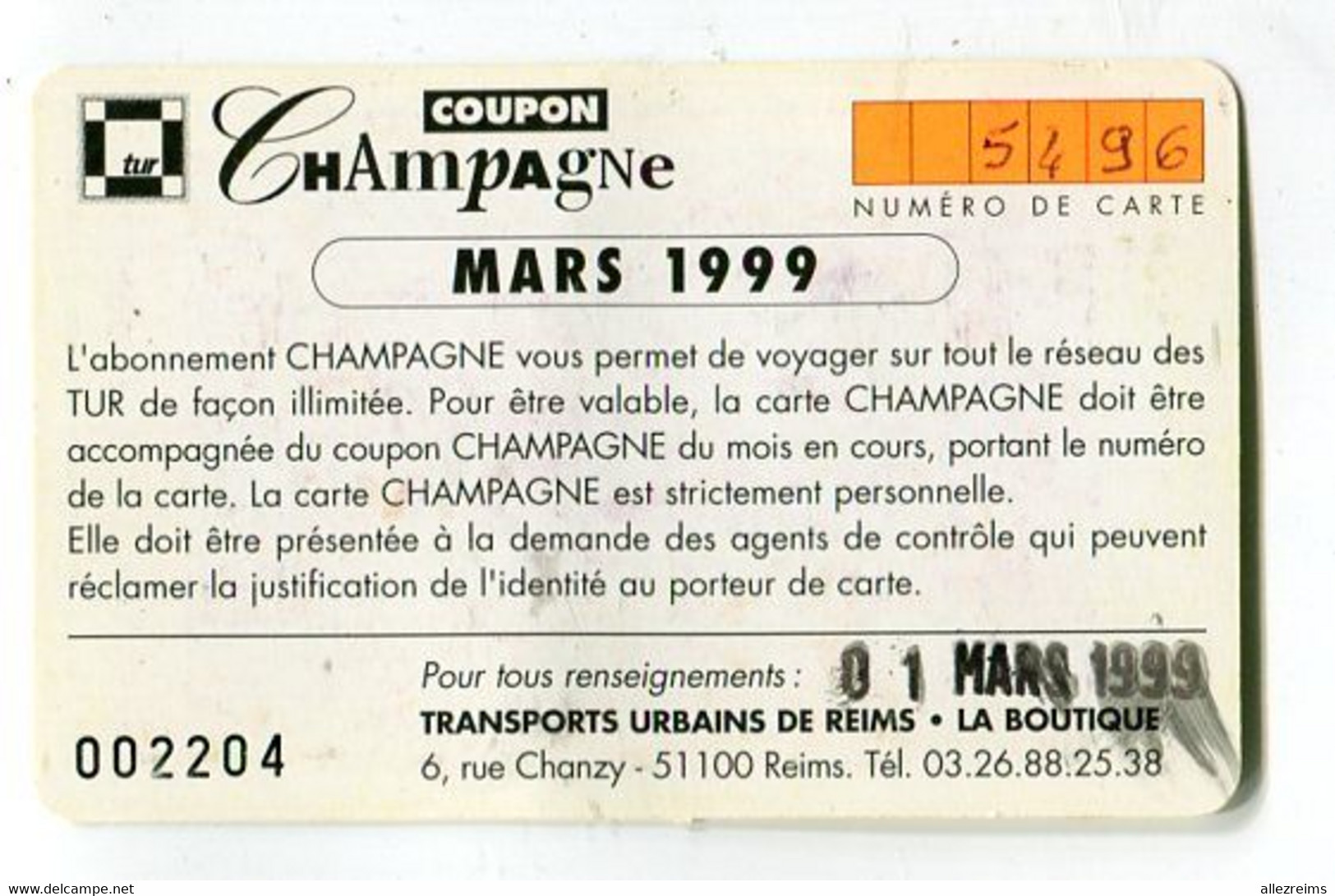 Ticket TUR Thème Champagne  Saint Marceaux à Reims  1999 - Europe