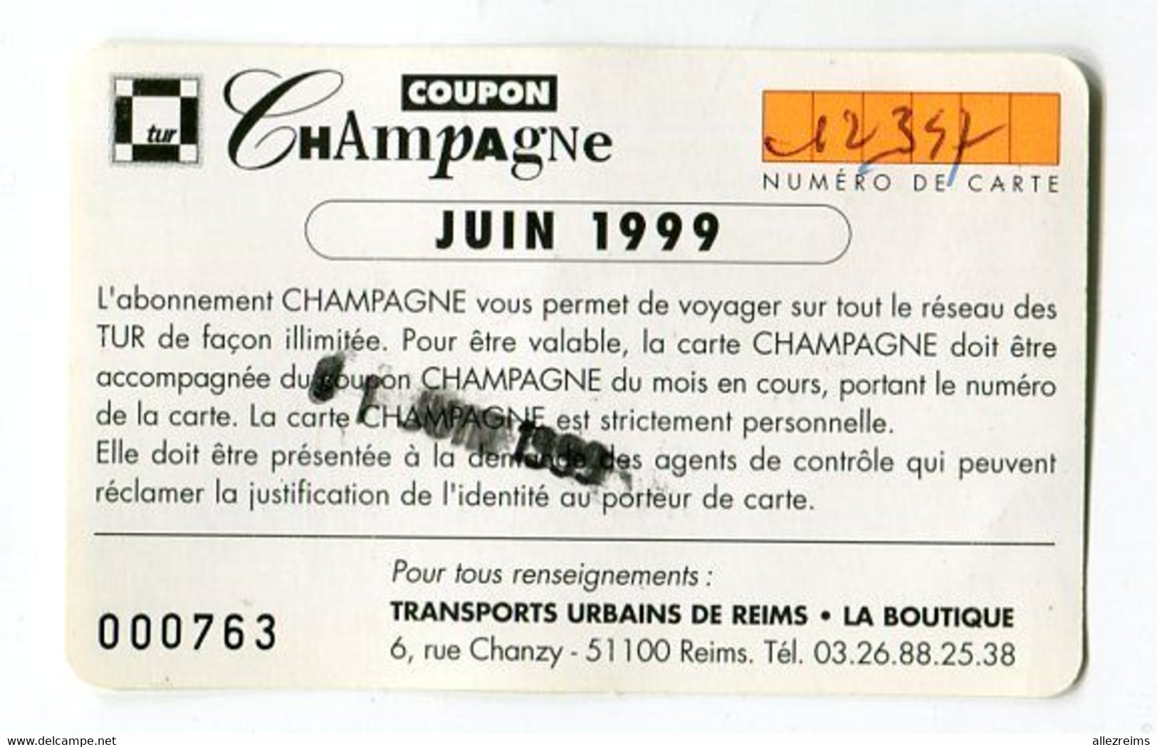 Ticket TUR Thème Champagne  FORESTIER  à Reims  1999 - Europa