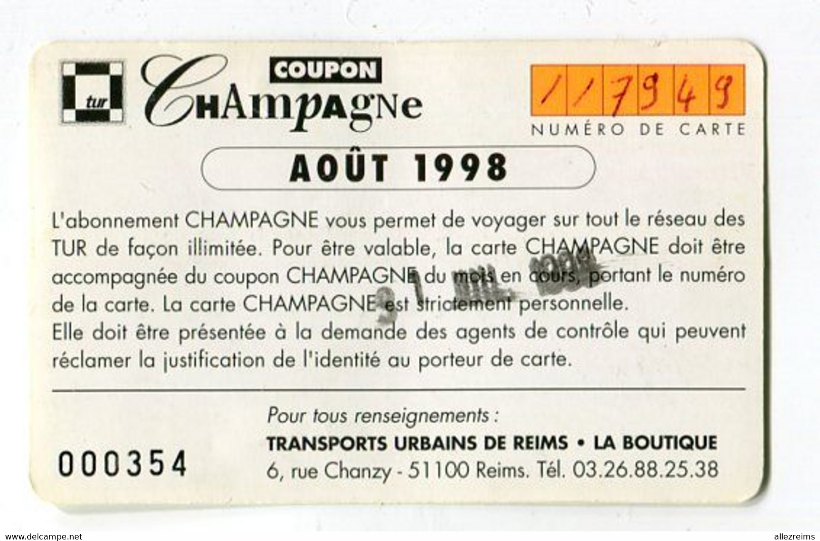 Ticket TUR Thème Champagne  Sourire De La France   à Reims  1998 - Europa