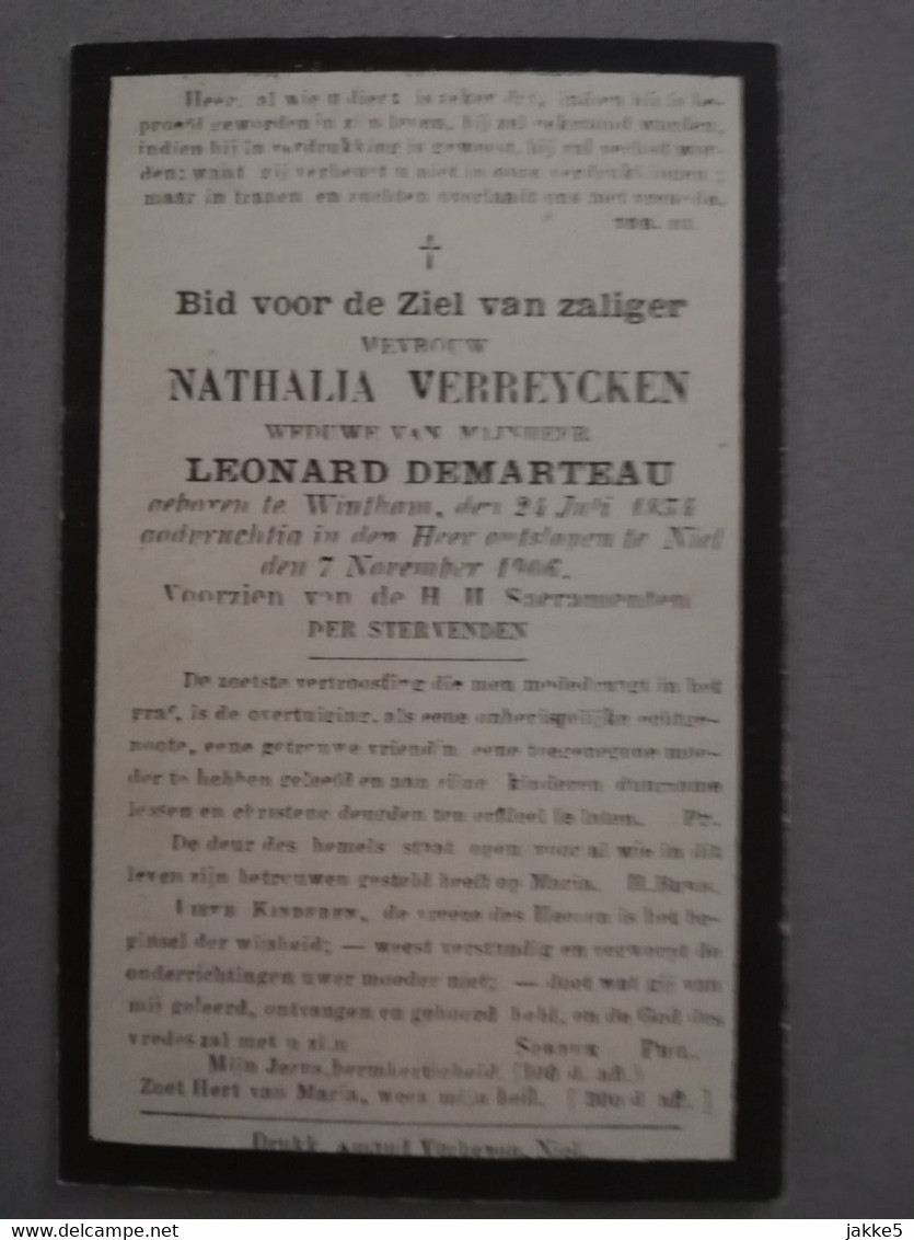 Bidprentje Verreycken Nathalia Wes Demarteau ° Wintham 1854 Overl Niel 1906 - Overlijden