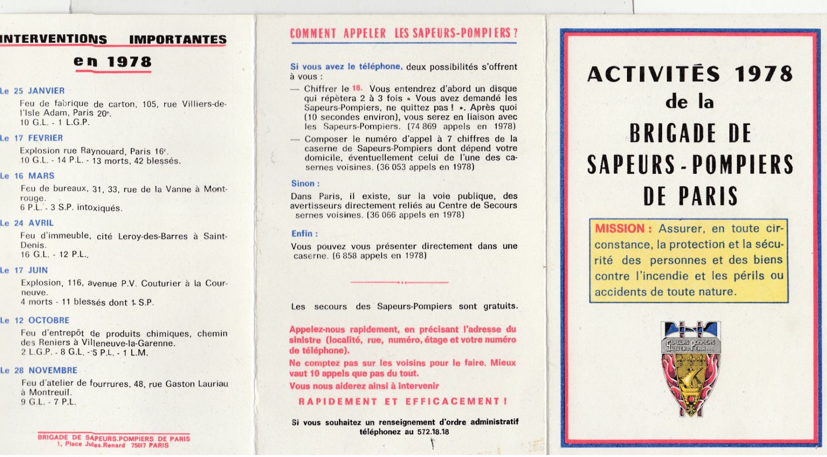 ACTIVITÉS 1978 De La BRIGADE DE SAPEURS-POMPIERS DE PARIS Avec Plan De Stationnement Des  Unités - Non Classificati