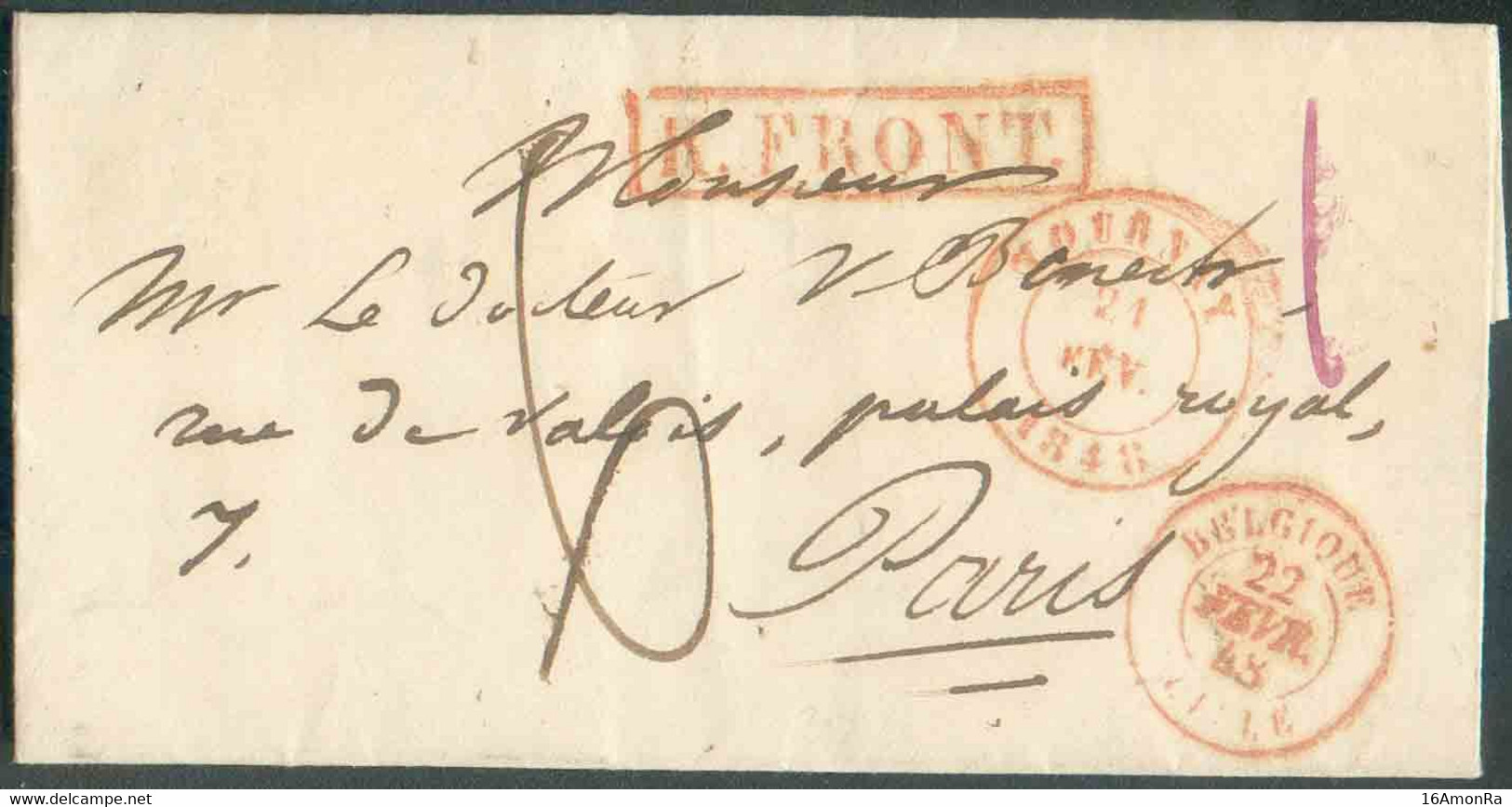 LAC De TOURNAY le 21 Février 1848 + Griffe Rouge R.FRONT. vers Paris; Port De '6' Décimes. Belle Fraîcheur. - Superbe - - 1830-1849 (Independent Belgium)