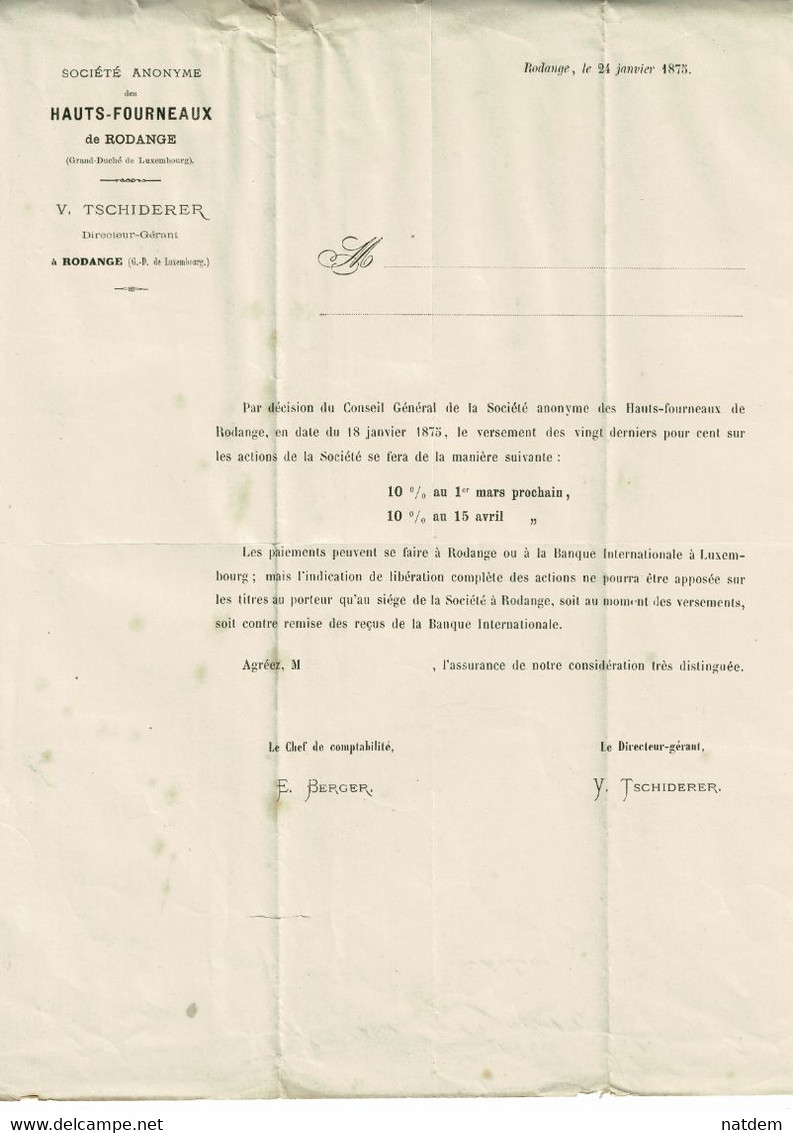 SA Des Hauts-fourneaux De Rodange, Tschiderer Directeur, 1875 + 4 Lettres Manuscrites Dont 3 De Richard (exp. Compt.) - Rodange