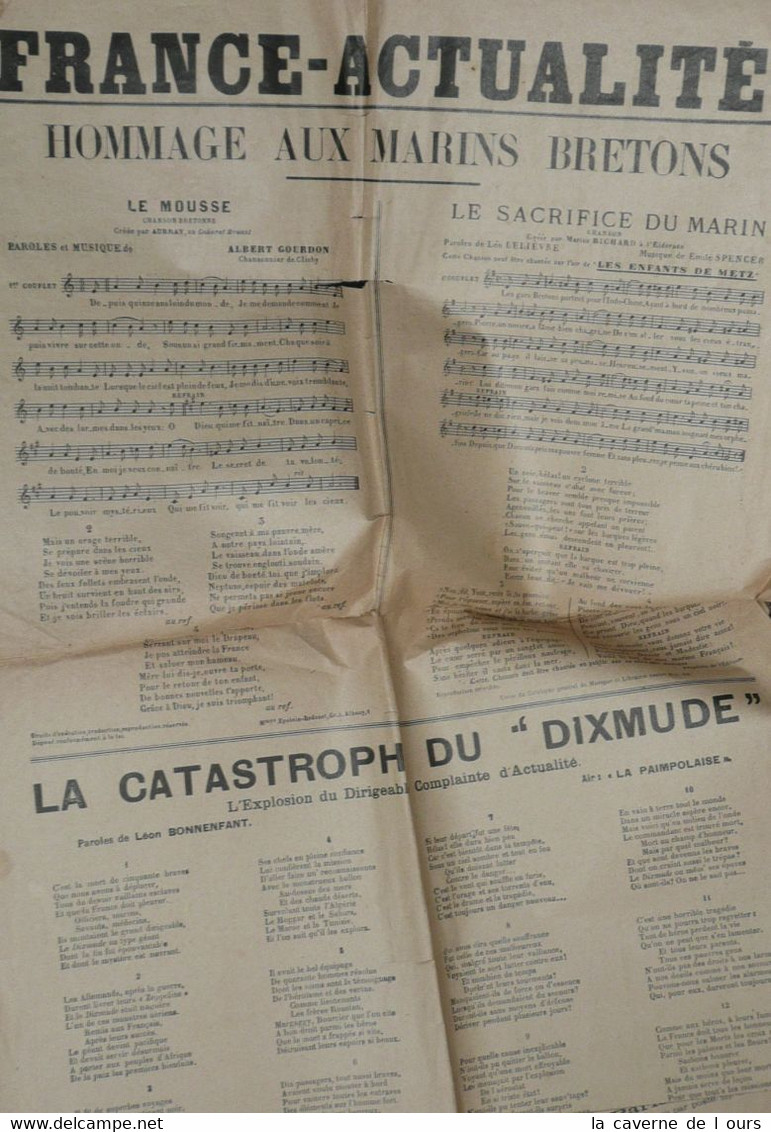 Rare Partitions Chansons Paroles, "France-Actualité, Complaintes" Dixmude Penmarch, Illustré Par Dascher, Naufrage - Scores & Partitions