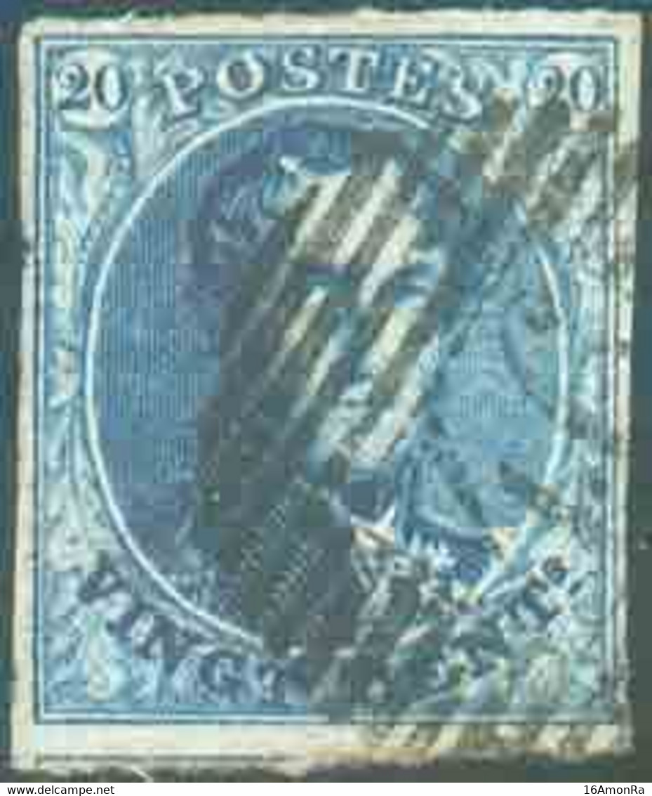 N°4 - Médaillon 20 Centimes Bleu, TB Margé, Obl. P.46 GEDINNE centrale. - TB - 18002 - 1849-1850 Medaillen (3/5)