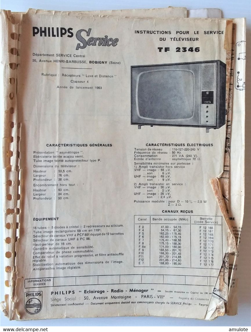 Livret  PHILIPS SERVICE Instructions Téléviseur TF 2346 / TF 2344 / - Television