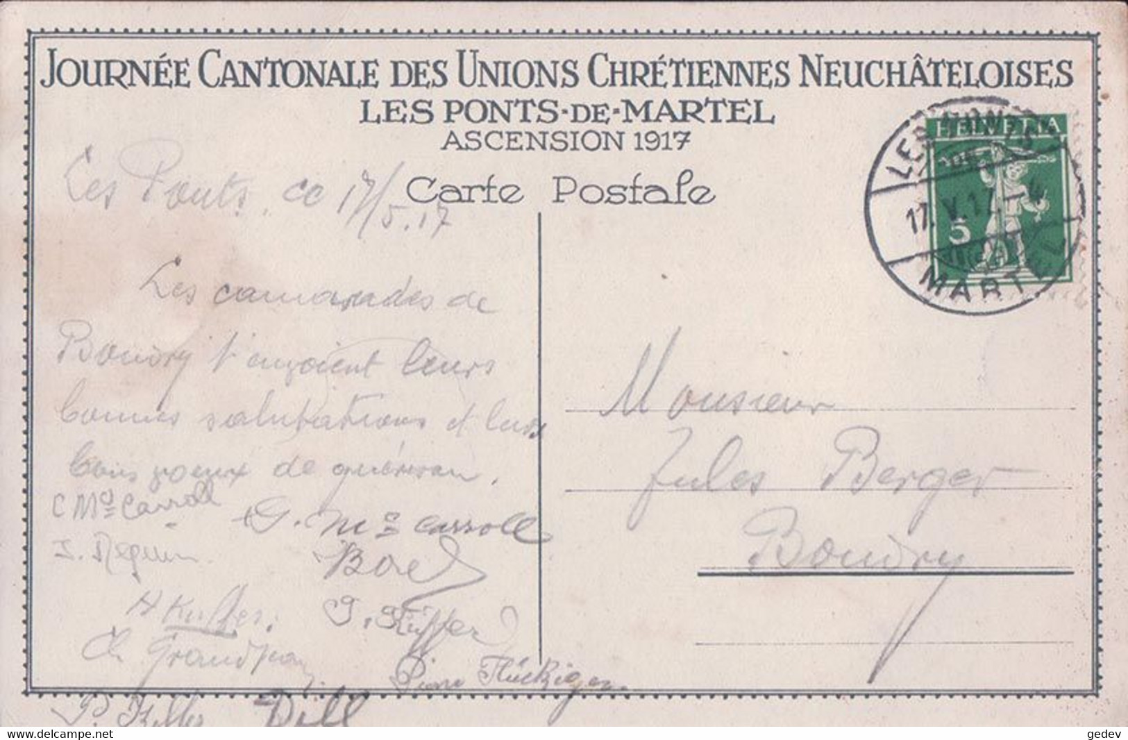 Les Ponts De Martel NE, Bas Des Ruz, Journée Des Unions Chétiennes, Ascencion 1917, Litho (17.5.17) - Ponts-de-Martel