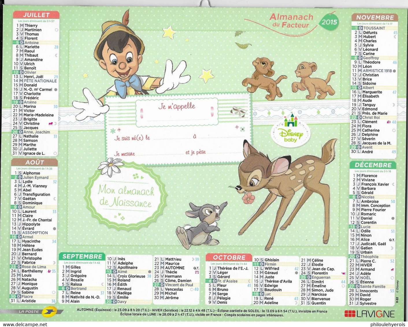 CALENDRIER 2015  NAISSANCE   DISNEY - Grossformat : 2001-...