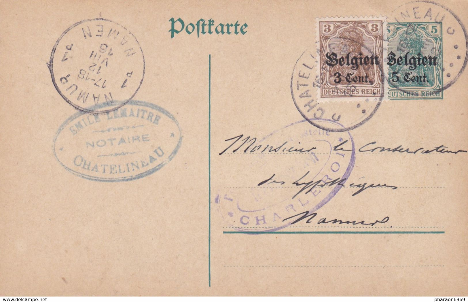 Carte Entier Postal + Timbre Oc 1 Châtelineau à Namur Cachet Censure Militaire Châtelineau - Ocupación Alemana