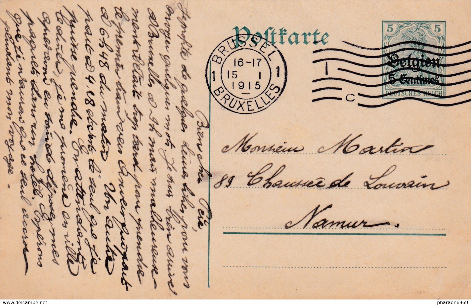 Carte Entier Postal Bruxelles à Namur - Ocupación Alemana