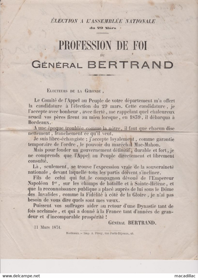 Profession De Foi (d'époque) Du Général BERTRAND H.G, Du 1er Empire Sous NAPOLEON 1er _ 1874 - Documentos Históricos