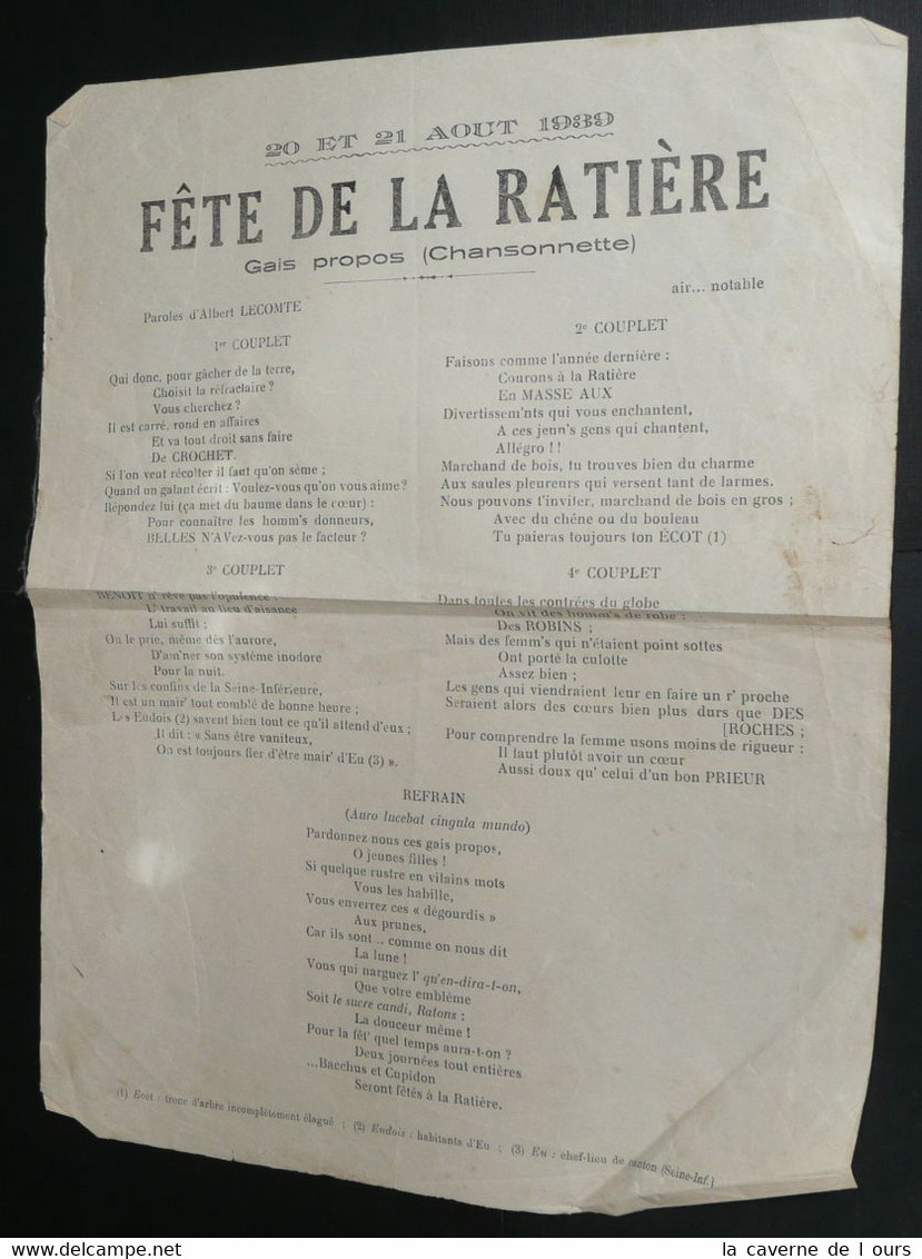 Rare Chansonnette D'Albert Lecomte Avec Paroles, "Gais Propos", Doc Pour La Fête De La Ratière 1939, Romorantin 41 - Scores & Partitions