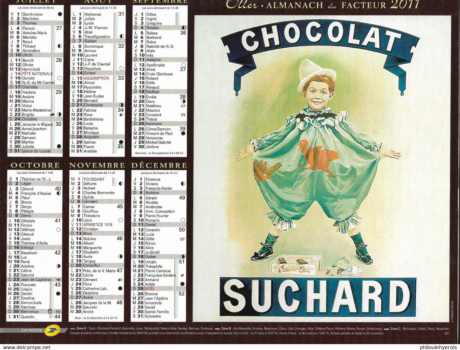 CALENDRIER 2011  PUB  CHOCOLAT SUCHARD Et LA CULOTTE PETIT BATEAU - Formato Grande : 2001-...