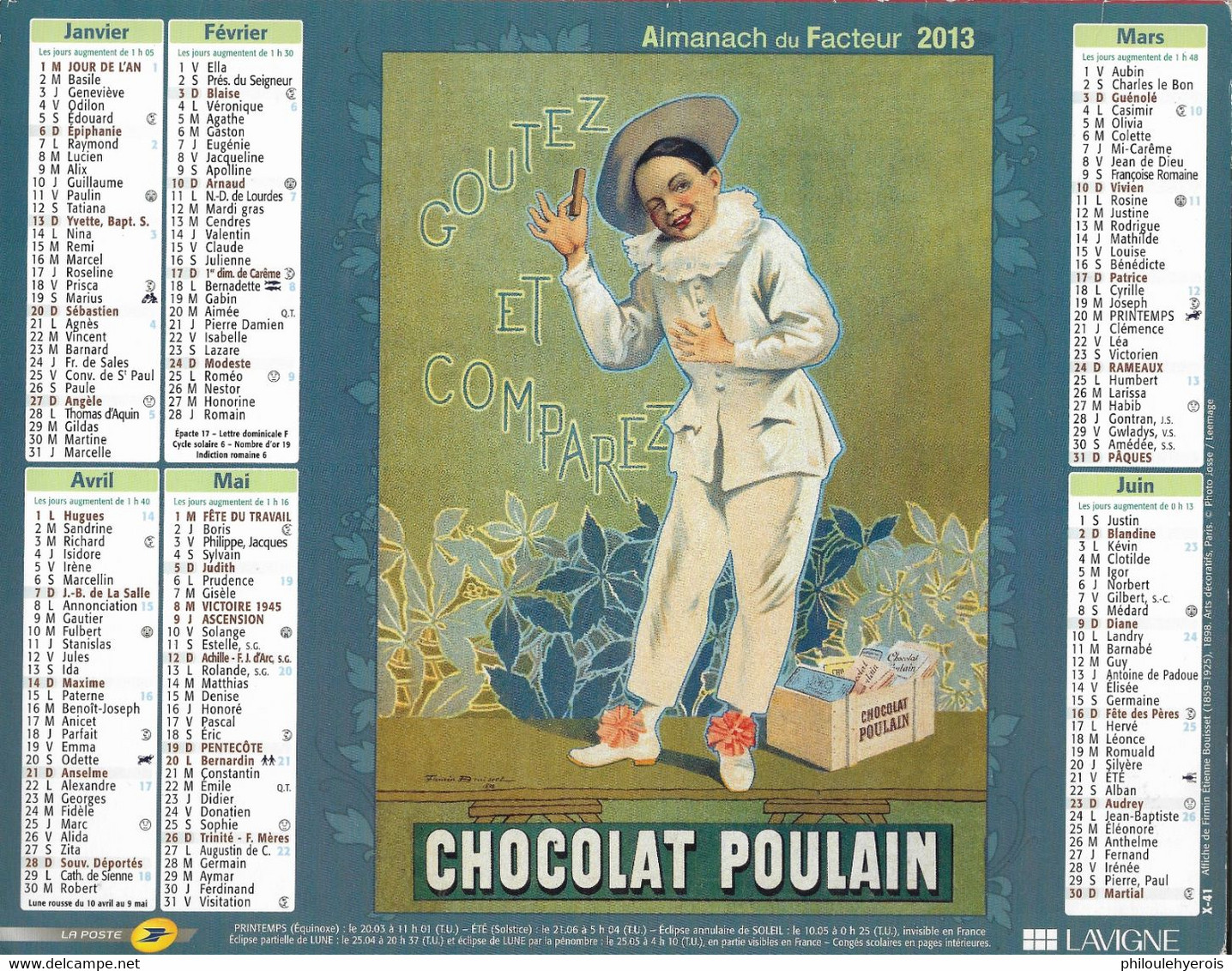 CALENDRIER 2013  PUB  CHOCOLAT POULAIN Et Cie Fr. Des Chocolats Et Des Thés - Tamaño Grande : 2001-...