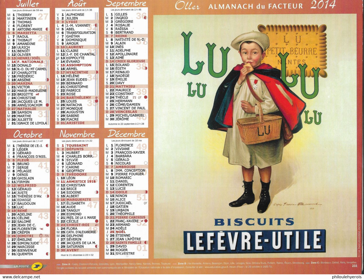 CALENDRIER 2014  PUB  BISCUITS LEFEVRE-UTILE LU Et PETITS GERVAIS - Tamaño Grande : 2001-...