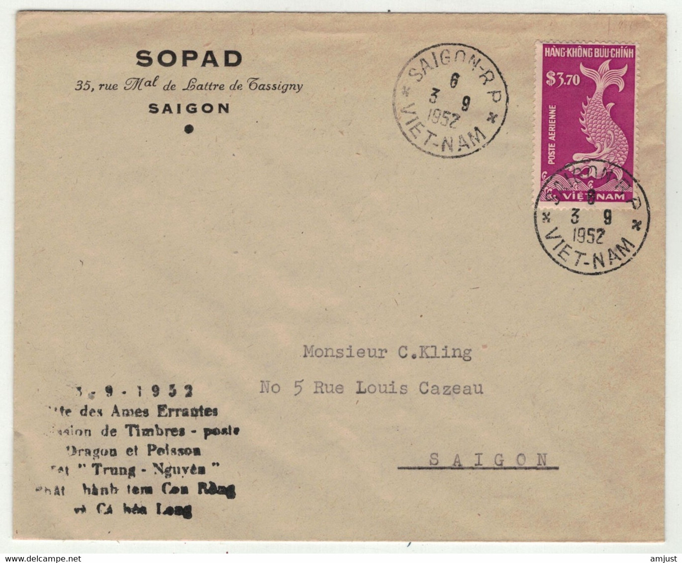 Viêt-Nam // Vietnam //  Lettre De Saigon Pour La Saigon 3/9/1952 - Vietnam